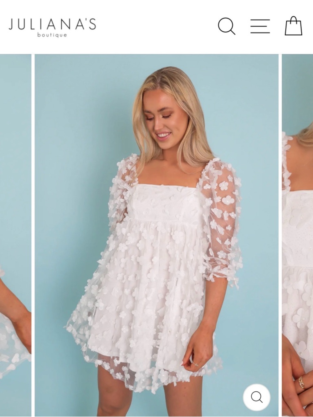 White 3D Floral Mini Dress with Sheer Puff Sleeves